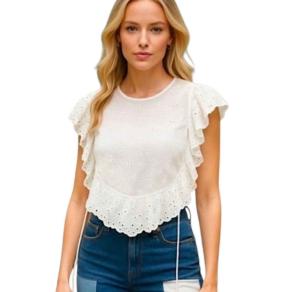 Unsubscribed Polly‎ Eyelet Embroidered Boho White Top